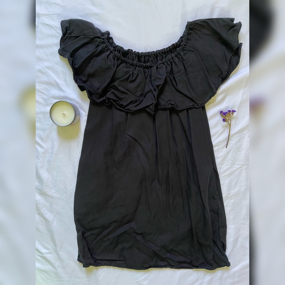 Zara Black Linen Off the Shoulder Ruffled Mini Dress
